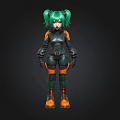 Stylish 3D Character Model With Green Hair Pigtails And Black Orange Outfit