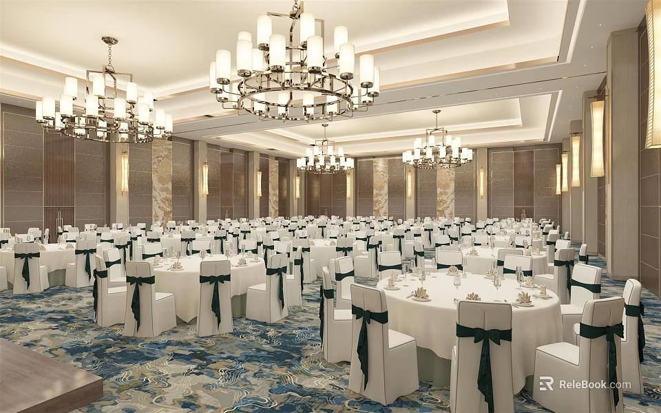 Spacious Banquet Hall Interior With Round Tables White Tablecloths Chair Ribbons And Chandeliers 3d model 