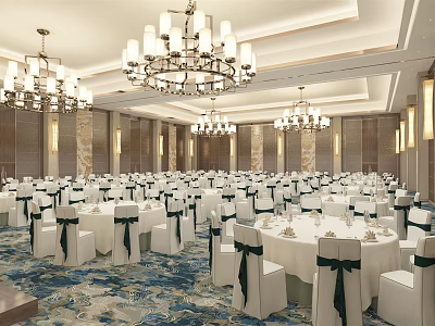 Spacious Banquet Hall Interior With Round Tables White Tablecloths Chair Ribbons And Chandeliers 3d model