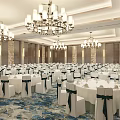 Spacious Banquet Hall Interior With Round Tables White Tablecloths Chair Ribbons And Chandeliers