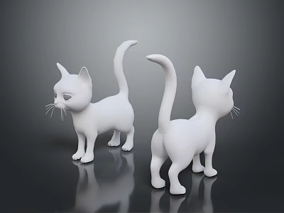 Two White Cat Figurines Standing Side By Side On Dark Surface With Reflections 3d model