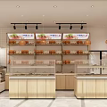 Modern Mall Pastry Shop Interior With Glass Display Cases Wooden Shelves And Pendant Lights