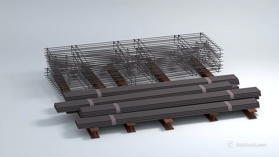 Industrial Equipment Stacked with Metal Mesh and Bars on Wooden Pallets 3d model 
