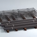 Industrial Equipment Stacked with Metal Mesh and Bars on Wooden Pallets