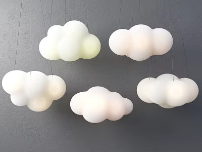 Cloud Shaped Chandeliers Hanging On Gray Wall With Soft White And Green Glow 3d model