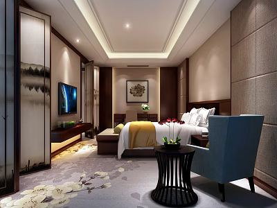 Modern Hotel Room Interior With Comfortable Bed TV Decorative Painting And Carpet 3d model