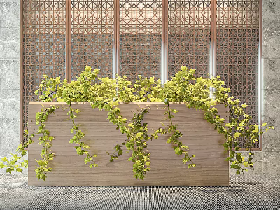 Bonsai Potted Plant In Wooden Rectangular Planter With Hanging Green Branches And Ornamental Screen Background 3d model