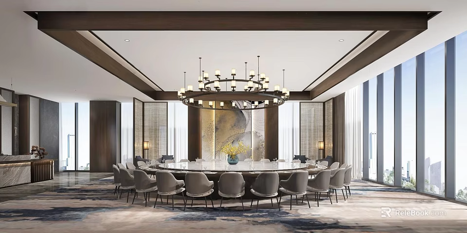 Elegant Modern Private Dining Room Interior With Large Round Table Chandelier And Artwork 3d model