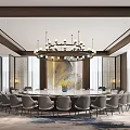 Elegant Modern Private Dining Room Interior With Large Round Table Chandelier And Artwork