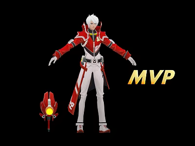 White Haired Warrior in Red White Outfit Standing With Red Aircraft Partner and MVP Sign 3d model