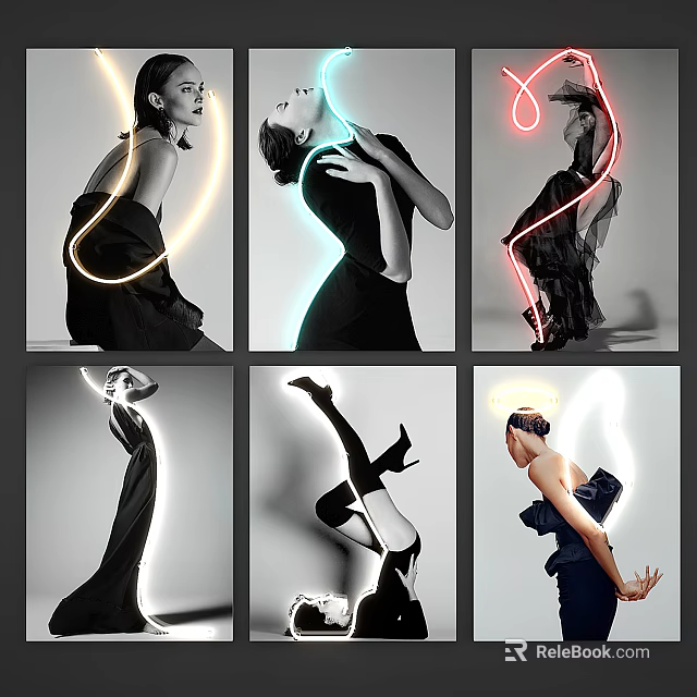 Black And White Figure Paintings With Colorful Neon Light Contours Dynamic Poses And Elegant Dresses 3d model 