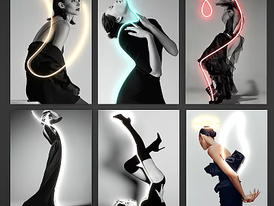 Black And White Figure Paintings With Colorful Neon Light Contours Dynamic Poses And Elegant Dresses 3d model