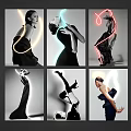Black And White Figure Paintings With Colorful Neon Light Contours Dynamic Poses And Elegant Dresses