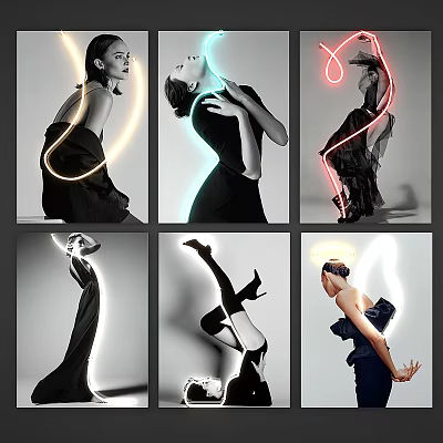 Black And White Figure Paintings With Colorful Neon Light Contours Dynamic Poses And Elegant Dresses 3d model