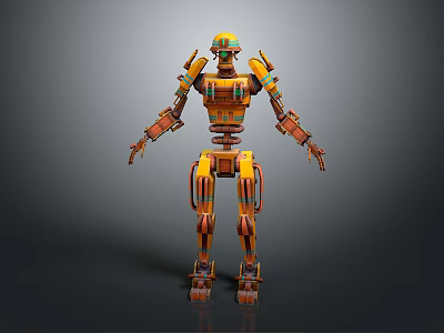 Futuristic Yellow Orange Robot Character With Mechanical Segmented Limbs And Spring Abdomen Standing Pose 3d model