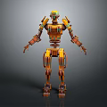 Futuristic Yellow Orange Robot Character With Mechanical Segmented Limbs And Spring Abdomen Standing Pose