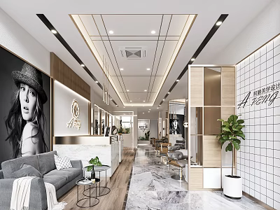 Modern Beauty Hair Salon Interior With Sofa Marble Floor Plants And Reception Desk 3d model