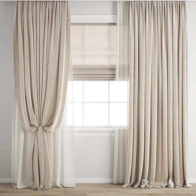 Beige Textured Curtains With Sheer Inner Layer And Tieback For White Paned Window 3d model