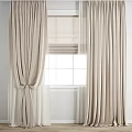 Beige Textured Curtains With Sheer Inner Layer And Tieback For White Paned Window 3d model