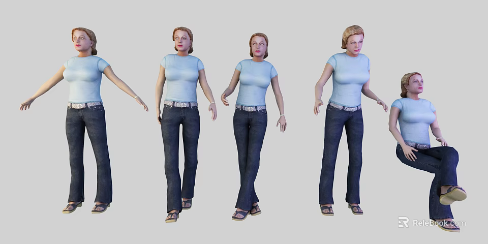 Woman Wearing Blue T-shirt Jeans With Multiple Standing Poses And Angles 3d model 