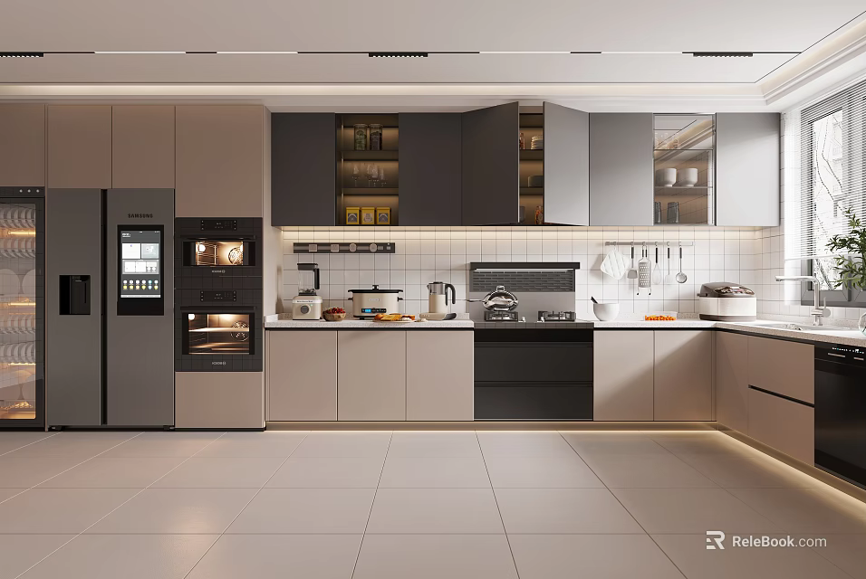 Modern Kitchen Interior With Gray Cabinets Stainless Steel Appliances And Island 3d model 