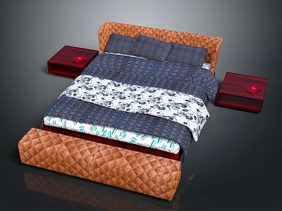 Double Bed With Brown Quilted Headboard Footboard Navy White Patterned Bedspread And Red Nightstands 3d model