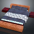 Double Bed With Brown Quilted Headboard Footboard Navy White Patterned Bedspread And Red Nightstands