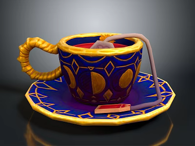 Ornate Blue And Gold Teacup With Saucer Moon Star Patterns Twisted Handle And Teabag 3d model