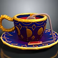 Ornate Blue And Gold Teacup With Saucer Moon Star Patterns Twisted Handle And Teabag