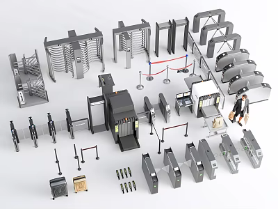 Public Facilities With Turnstiles Security Check Equipment Revolving Doors And Barriers 3d model