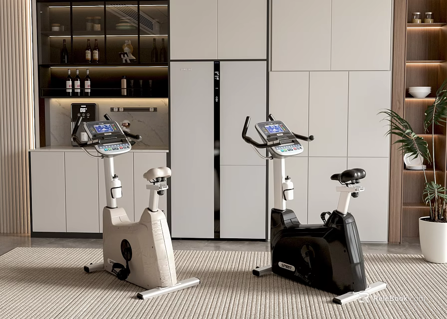 Black And White Exercise Bikes As Sports Equipment With Digital Screens In Modern Kitchen Area 3d model 