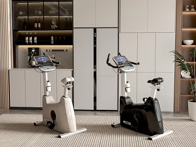 Black And White Exercise Bikes As Sports Equipment With Digital Screens In Modern Kitchen Area 3d model