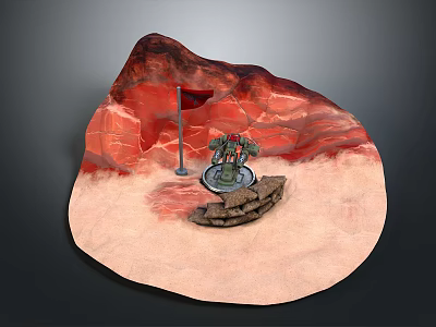 Scenic Red Mountain Landscape With Red Flag Green Robot Stone Pile Sandy Ground 3d model