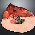 Scenic Red Mountain Landscape With Red Flag Green Robot Stone Pile Sandy Ground