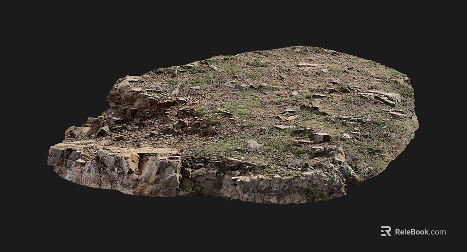 Natural Stone and Wood Terrain with Green Grass and Rustic Elements 3d model