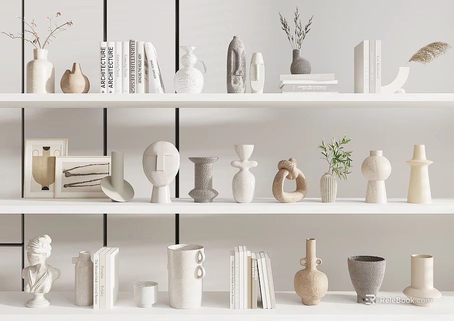 Minimalist Modern Decorative Ornaments Set With Vases Books Sculptures And Plants On Shelves 3d model 