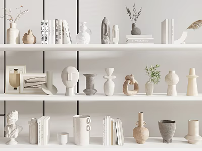 Minimalist Modern Decorative Ornaments Set With Vases Books Sculptures And Plants On Shelves 3d model