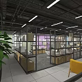 Contemporary Interior Space Featuring Metal Shelving Cardboard Boxes Yellow Chairs Black Ceiling And Linear Lights