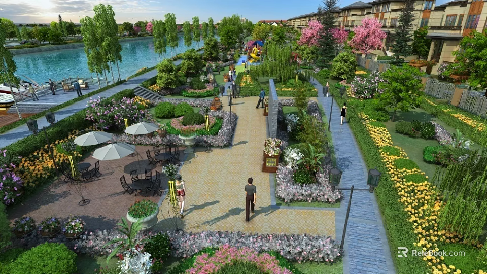 Scenic Garden Landscape with Lake Lush Trees Colorful Flowers Walking Paths and Seating Areas 3d model 
