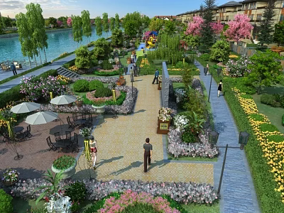 Scenic Garden Landscape with Lake Lush Trees Colorful Flowers Walking Paths and Seating Areas 3d model