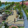 Scenic Garden Landscape with Lake Lush Trees Colorful Flowers Walking Paths and Seating Areas