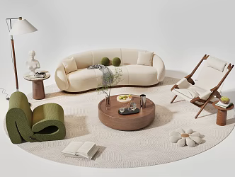 French Middle Style Sofa Combination Casual Sofa Coffee Table Potted Floor Lamp Carpet Leisure Chair 3d model