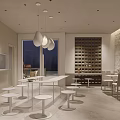 Modern Restaurant Interior Design With Stone Wall And White Round Tables 3d model