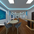 Modern Interior With Wooden Flooring Square Ceiling Lights Blue White Wall Decor Large Display Panel 3d model