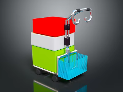 Commercial Handcart Equipment With Stacked Red White Green Blocks Blue Mesh Basket And Black Wheels 3d model