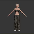 3D Female Character Model With Red Hair Crop Top Tattoos Cargo Pants And White Shoes