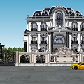 Detached Villa Classic Exterior Design With Arched Windows Balconies Garden And Red Car On Driveway