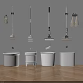 Practical Bathroom Accessories Toilet Brushes Mops And White Containers On Grey Wall Wooden Floor
