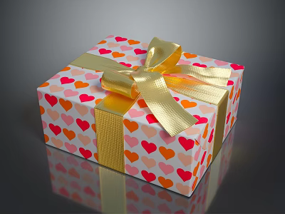 Decorative Gift Box With Colorful Heart Patterns And Golden Bow Wrapping Paper 3d model