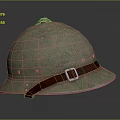 Vintage Metal Helmet With Worn Surface And Red Leather Strap Buckle
